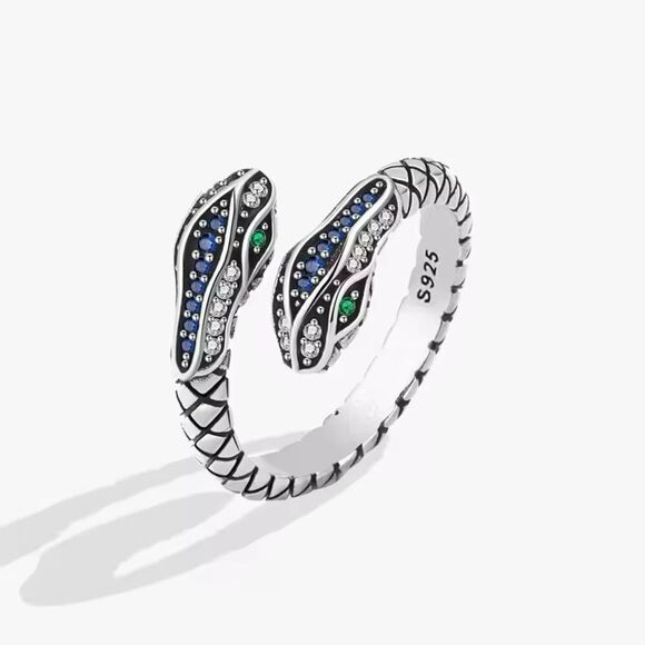Jewelry - Sterling Silver Double Serpent Adjustable Ring with Blue and Green Accents